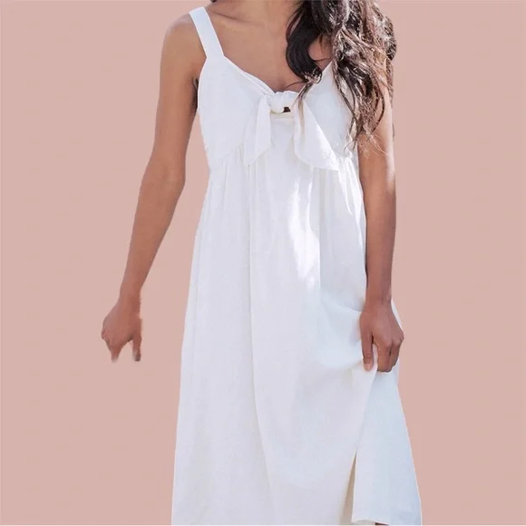 WHO WHAT WEAR Linen Cream Off-White Midi Dress w Tie Bow Chest - Picture 1 of 12